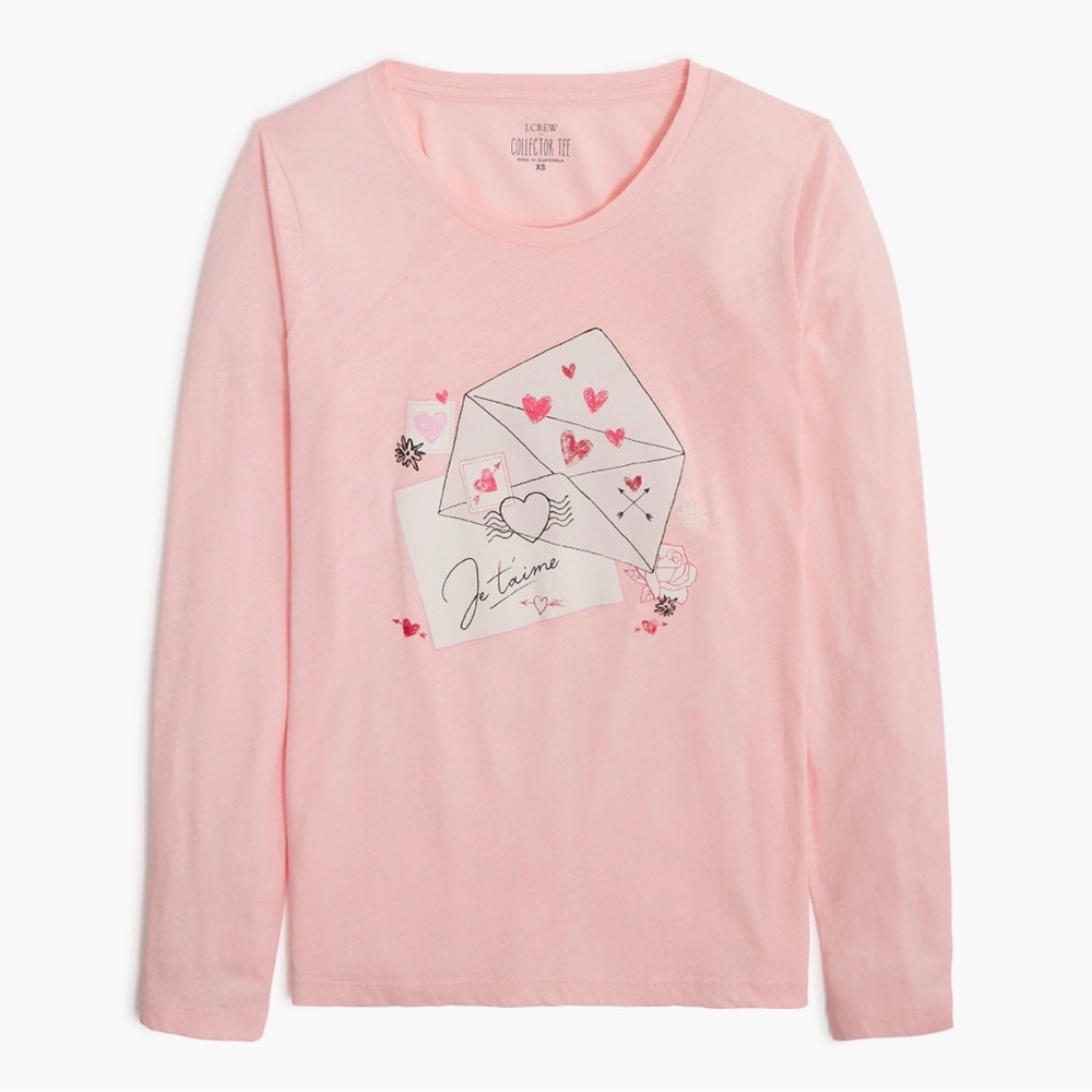 J. Crew Factory Valentine’s Cotton Long Sleeve Love Letters Heart Pink Tee, M